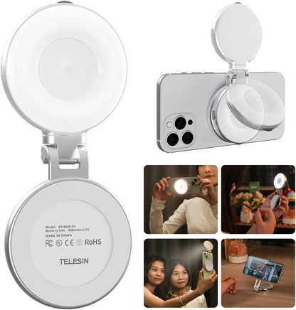 TELESIN C03 Magnetic Selfie Light, Phone Light Compatible with iPhone Magsafe, CRI97 360° LED Selfie Ring Fill Light with Mirror for Selfies/Photography/TikTok/Zoom Calls/Video Conference